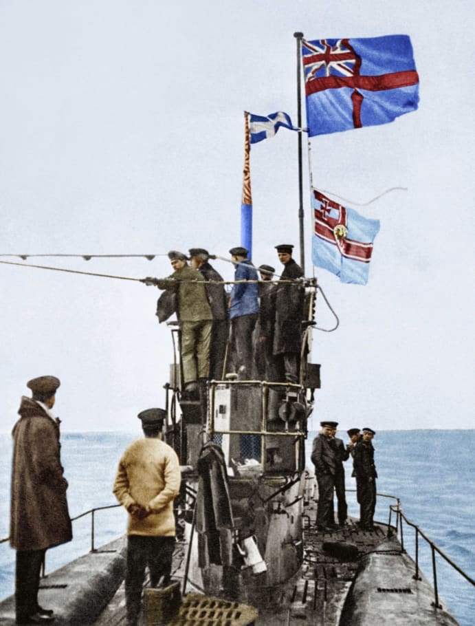 A German U-boat is seen surrendering at the end of the war.