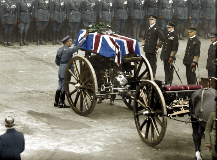 The Unknown Warrior, an unidentified British soldier killed on a European battlefield, is buried in London