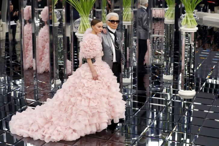 Karl Lagerfeld and Lily Rose Depp at the Chanel Spring-Summer 2017 Haute Couture show. 