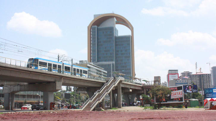 The Metro train passes through central Addis Ababa.