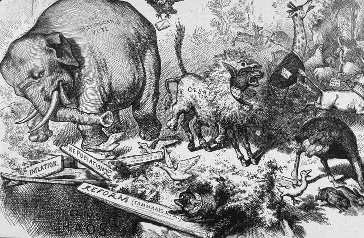 The Republican elephant made its first appearance in this 1874 cartoon by Thomas Nast. A fox in the bottom right corner represents the Democratic party.