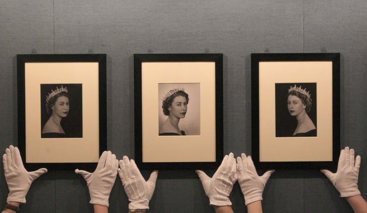 Photographs of Queen Elizabeth, taken by Dorothy Wilding in 1952, on display as part of 2012's "The Queen: Portraits of a Monach" exhibition at Windsor Castle.