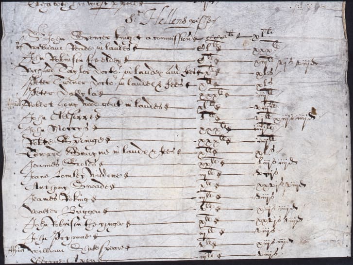 The original 1598 St. Helens tax record. William Shakespeare's name can be seen at the bottom.