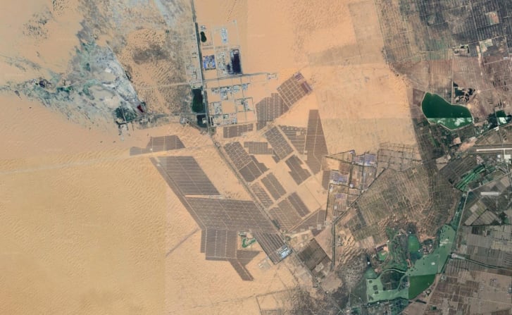 Tengger Desert Solar Park in China, captured by satellite via Google Earth.
