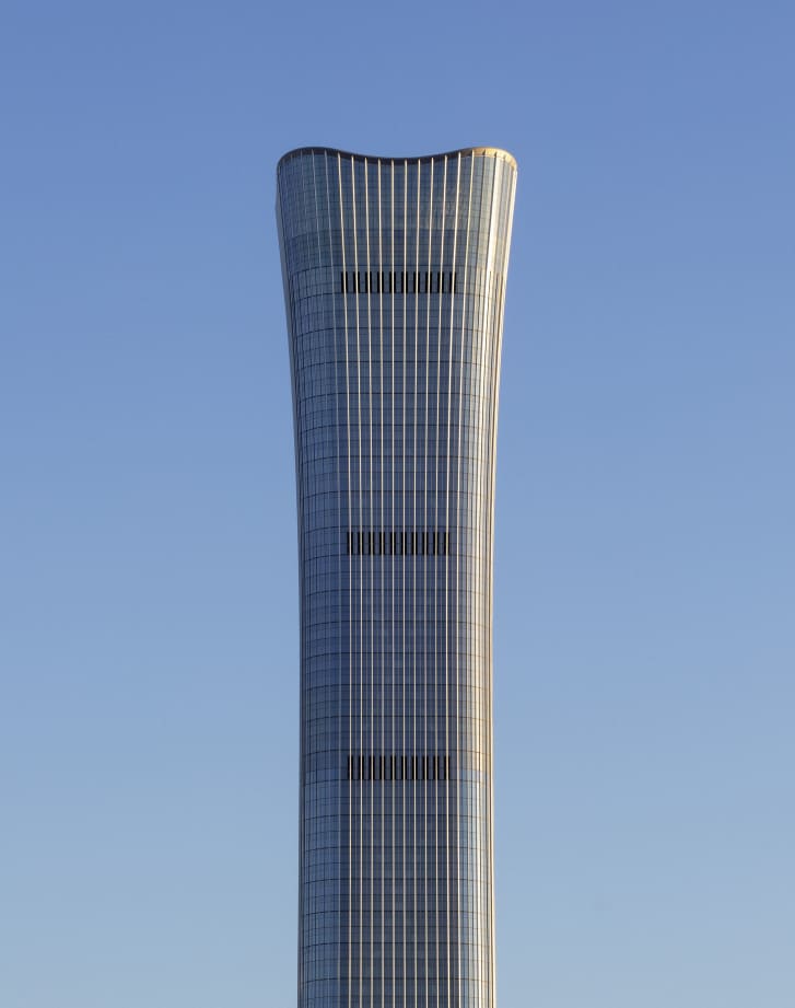 The flared top of Beijing's Citic Tower, the world's eighth-tallest skyscraper.