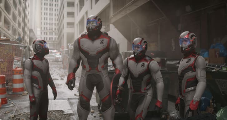 Ant-Man (Paul Rudd), Hulk (Mark Ruffalo), Captain America (Chris Evans) and Iron Man (Robert Downey Jr.) in the Avengers' time travel suits. The suits were added in post-production as the design was not finalized until after principal photography had begun.