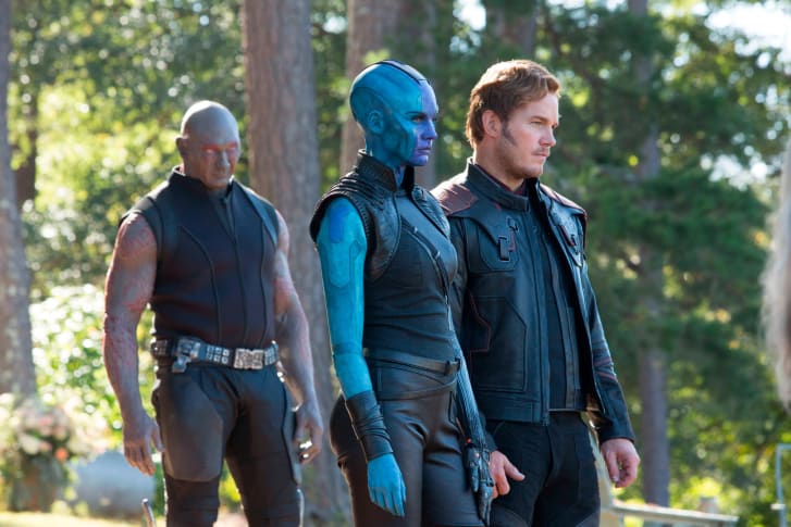 Drax (Dave Bautista), Nebula (Karen Gillan) and Star-Lord (Chris Pratt) attend Tony Stark's funeral. "(The actors) were told they were going to a wedding," Makovsky said. "When we were fitting them I told them, 'You have to trust me, you're wearing black -- it's a concept.'"
