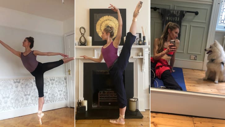 First Soloists Anna Rose O'Sullivan (left) and Melissa Hamilton (middle & right) training at home 