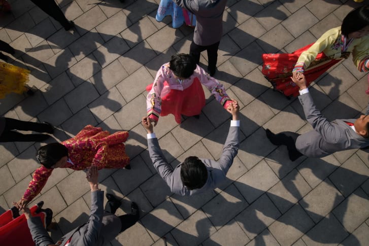 Students participate in a mass dance performance in 2019 marking what would have been Kim Il Sung's 107th birthday.