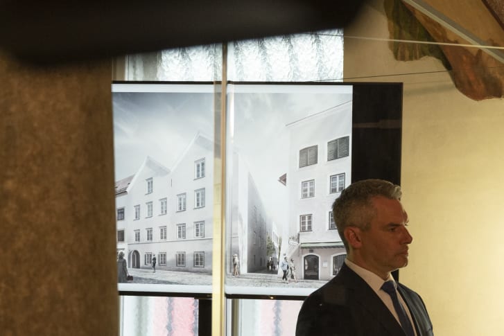 Austrian Interior Minister Karl Nehammer presents the chosen plan for the architectural redesign the house where Hitler was born