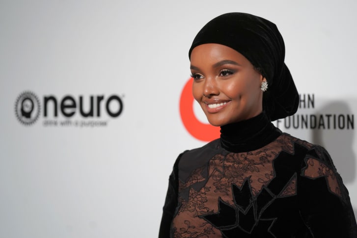 Halima Aden at the Elton John AIDS Foundation Oscars viewing party earlier this year.