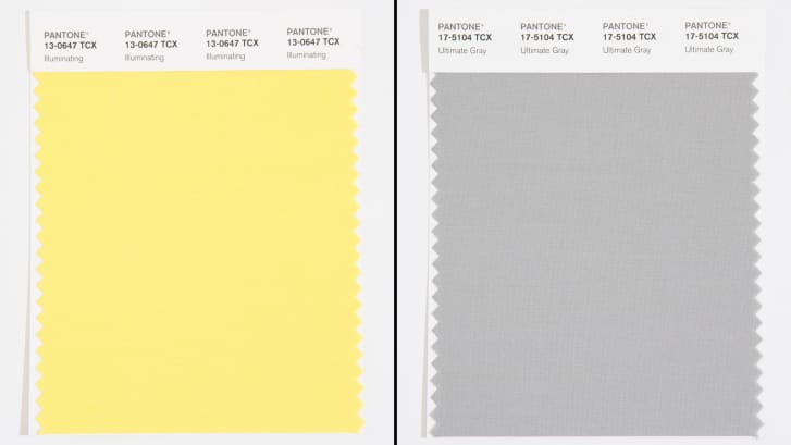 Pantone's swatches for its latest Colors of the Year: Illuminating, a vibrant light yellow, and Ultimate Gray, the first neutral shade to ever be selected.