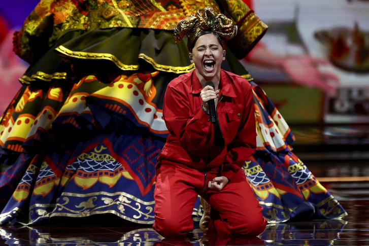Russia's Manizha during her anthem to female empowerment, "Russian Woman."