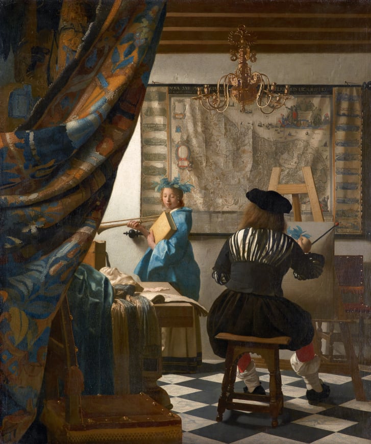 Les historiens de l'art ne savent pas exactement où Vermeer a appris à peindre, de qui il a appris, s'il a eu ses propres élèves ou quels étaient ses sujets.  On pense que l'œuvre ci-dessus, une allégorie de la peinture, est un autoportrait avec sa fille.