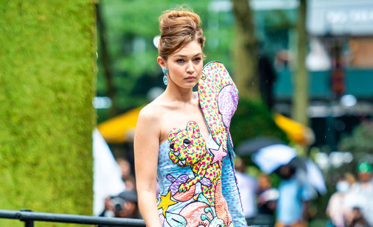 Model Gigi Hadid walks Moschino's Spring-Summer 2022 fashion show at Bryant Park on September 09, 2021 in New York City. The brand included looks with quilted detailing in its new collection.