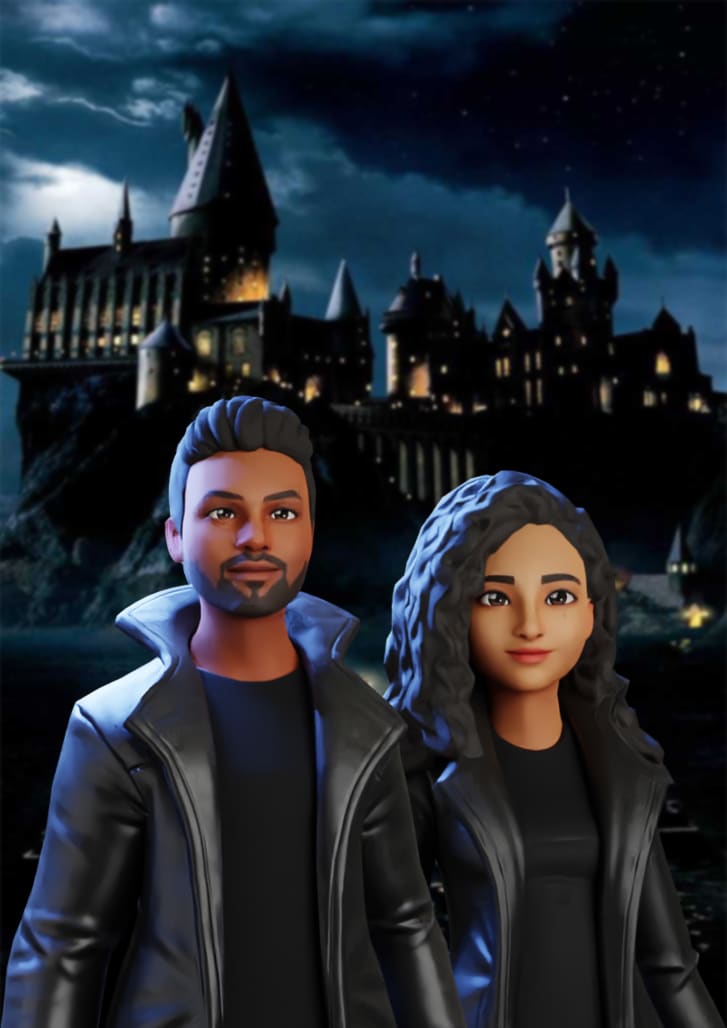 The couple's avatars against a Hogwarts-inspired background. The bridegroom Dinesh Sivakumar Padmavathi (left) said the pair's digital characters will wear more traditional clothing at the event.