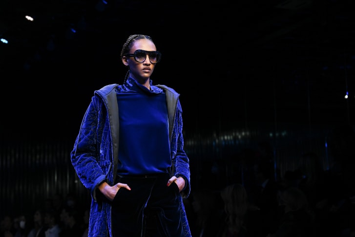 A model walks the runway at the Giorgio Armani show on Sunday during Milan Fashion Week. 
