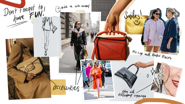 Clockwise from left to right: Patent leather coat and scarf street style look via Getty Images; Totême scarf courtesy Net-a-Porter; Red Loewe bag photographed by Hannah Crosskey for Cocoon; Pink gingham jacket street style look and navy jacket with Chanel bag street style look via Getty Images; Statement earrings look via Getty Images; Black Balenciaga bag photographed by Charlie Gates for Cocoon; Tangerine jacket street style look via Getty Images; Cream Gucci bag photographed by Hannah Crosskey for Cocoon. 