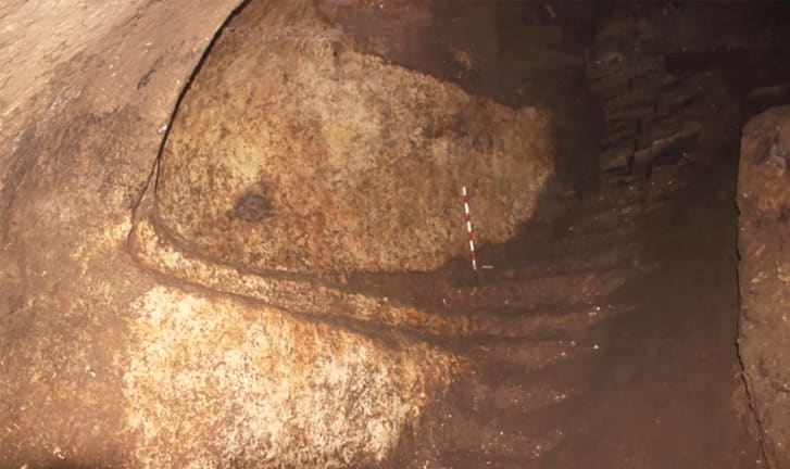Archaeologists followed a long stone staircase to an underground chamber, where they found rare artwork on the wall.