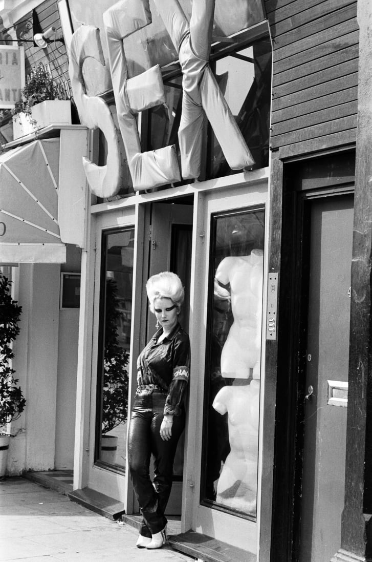 Pamela Rooke, also known as Jordan Mooney, at 'Sex' shop on the Kings Road. December 1976.