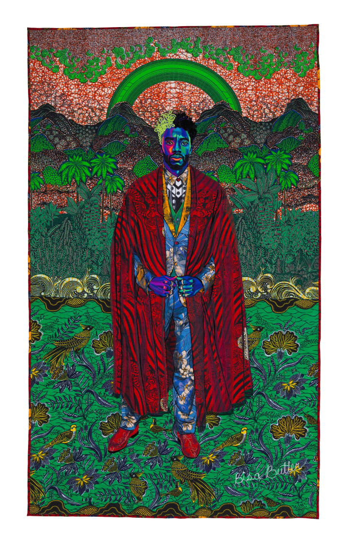 Bisa Butler's quilt, "Forever" (2020) , made in honor of the late Hollywood actor Chadwick Boseman.