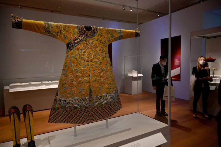 A festive robe from the Qianlong period (1736 to 1795) is displayed during a media preview of the Hong Kong Palace Museum in Hong Kong on June 22, 2022. 