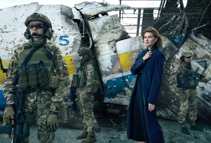 Olena Zelenska (right) stands at Antonov Airport, outside of Kyiv, alongside female Ukrainian soldiers.