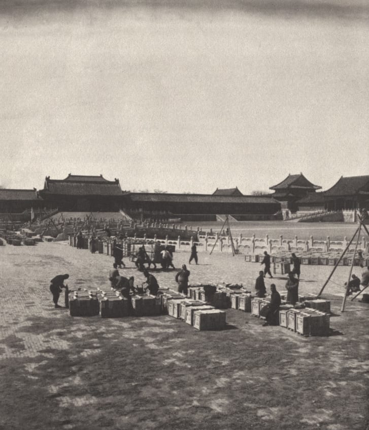 Parts of the imperial collection shown outside the Forbidden City's Gate of Supreme Harmony in Beijing before they were moved south to Shanghai and Nanjing.