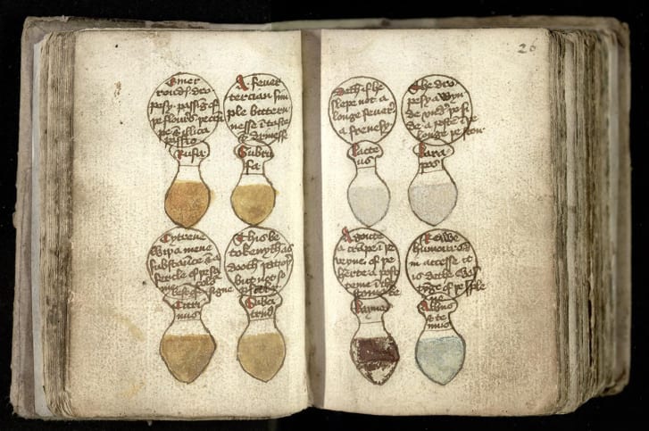 Drawings of urine flasks, illustrating the different colors of a patient's urine, with their ailments described in roundels above, 15th century. 