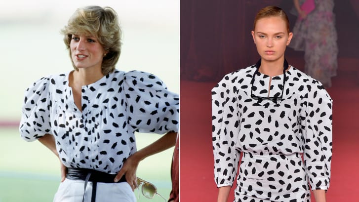 A patterned white top worn by Princess Diana in 1983, reimagined by Virgil Abloh as a look in Off-White's Spring-Summer 2018 collection.