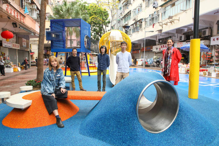 The team behind Yi Pei Square, at the park. From left to right: Kay Chan, Stephen Ip, Jonathan Mak, Christopher Choi, and Design Trust founder Marisa Yiu.
