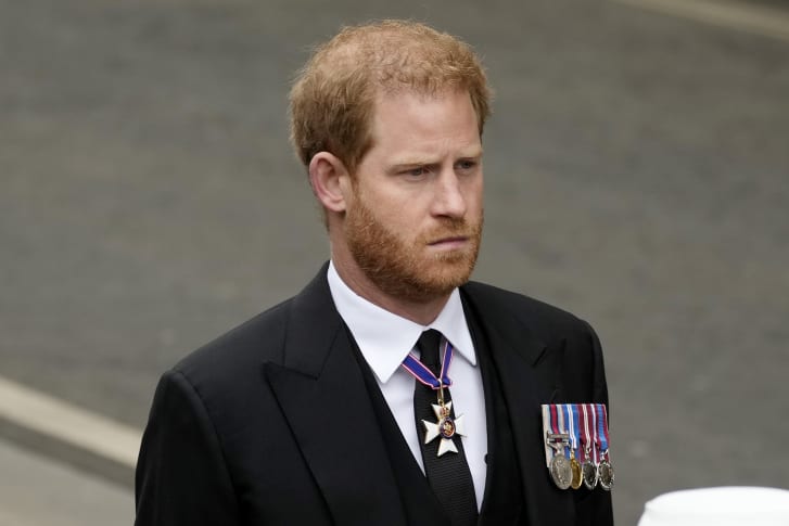 Prince Harry, Duke of Sussex arrive at Westminster Abbey ahead of the State Funeral of Queen Elizabeth II on September 19, 2022 in London, England.