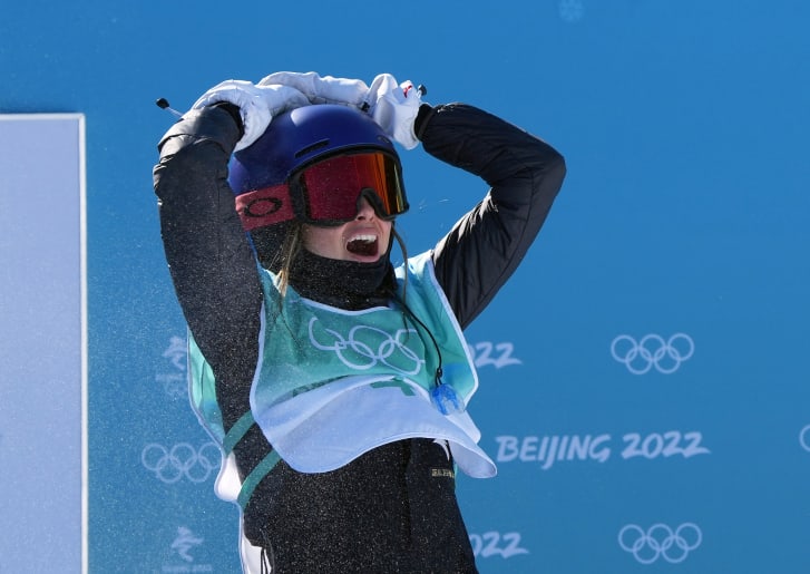Eileen Gu reacts after her final jump before winning gold during the Women's Freestyle Skiing Freeski Big Air Final at the Beijing 2022 Winter Olympic Games on February 8, 2022.