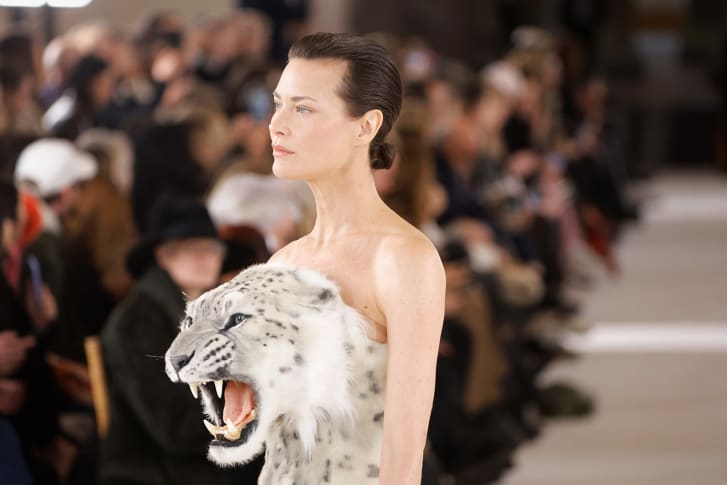 Shalom Harlow's gown featured a roaring snow leopard bursting out the bust.