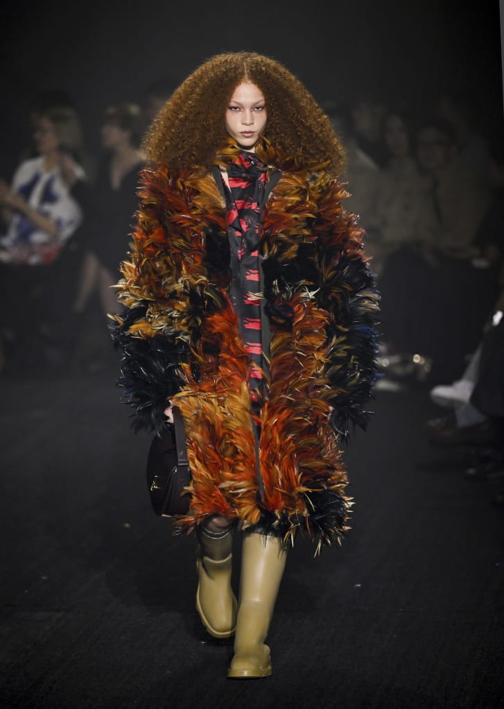 Burberry's FW23 collection was full of rich textures including this feathery look. 