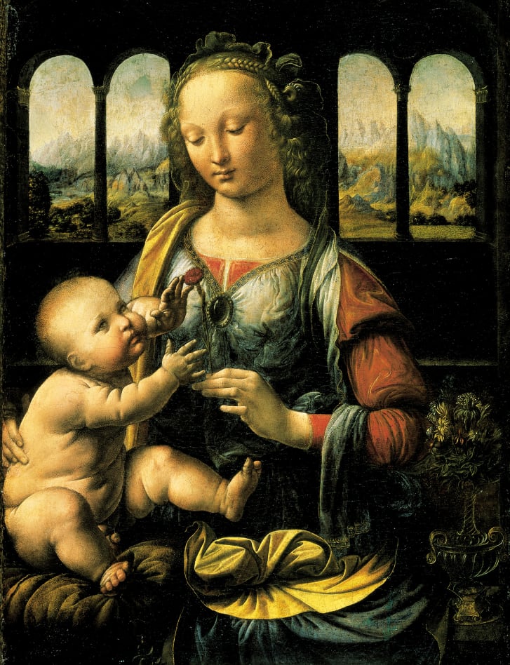 "The Madonna of the Carnation," on display at the Alte Pinakothek in Munich, Germany, is one of Leonardo da Vinci's earliest paintings. Wrinkling of the oil paint is evident on the faces. 