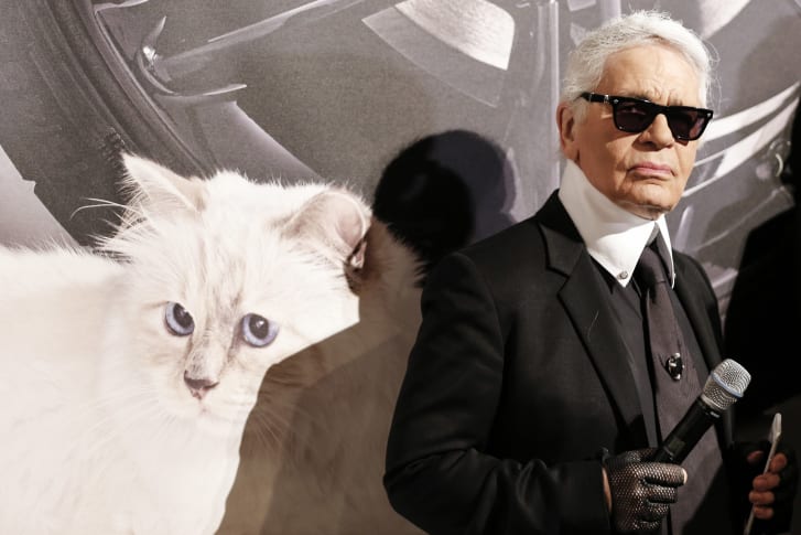 Lagerfeld me macen dhe muzën e tij, Choupette, në një ekspozitë kushtuar shokut të tij të maces në 2015.