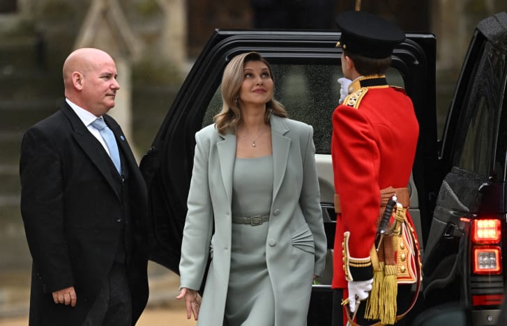 Ukrainian first lady Olena Zelenska walks outside Westminster Abbey ahead of Britain's King Charles' coronation ceremony, in London.