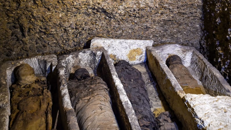 Four of the mummies are displayed in an unveiling Saturday.