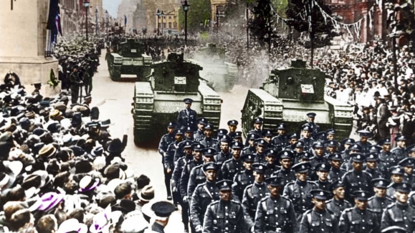 A newly released colorized version of a photo showing a Victory Parade passing down London's Whitehall, to mark the end of the First World War.