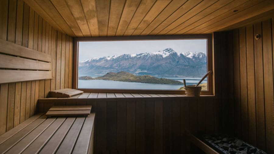 Snowy mountain views from sauna