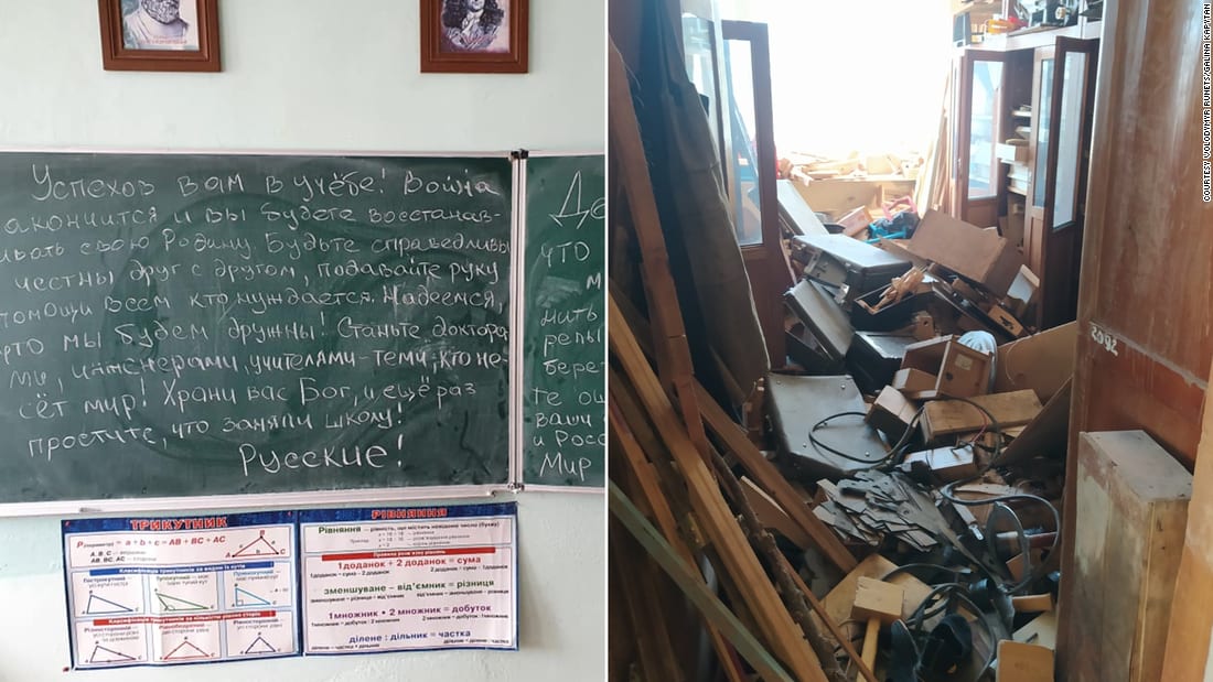 Russian soldiers smashed up their school. Then they purportedly left messages for pupils urging peace