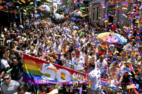 New York Gov. Andrew Cuomo, lower front center, marches with thousands of other participants of the New York City Pride March. Craig Ruttle/AP