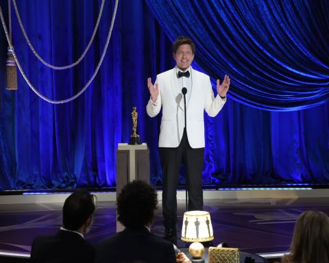 Director Thomas Vinterberg accepts the Oscar for best international feature film, which went to his film 'Another Round.' He said this was 'beyond anything I could ever imagine -- except this is something I've always imagined, since I was 5.' AMPAS/ABC/Getty Images