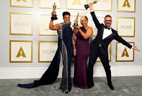 From left, Mia Neal, Jamika Wilson and Sergio Lopez-Rivera pose with the Oscars they won for best makeup and hairstyling ('Ma Rainey's Black Bottom'). Chris Pizzello/Pool/Getty Images