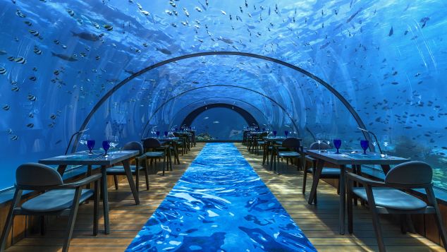 Maldives Hurawalhi Undersea Restaurant Interior 1