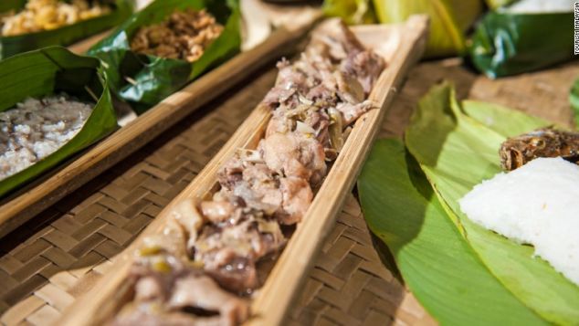 Manok pansoh is cooked inside a long piece of bamboo. 