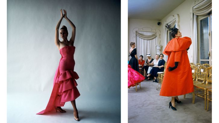 L: Model wearing a flamenco-style evening dress by Cristóbal Balenciaga, Paris. R: Model wearing an orange Balenciaga coat