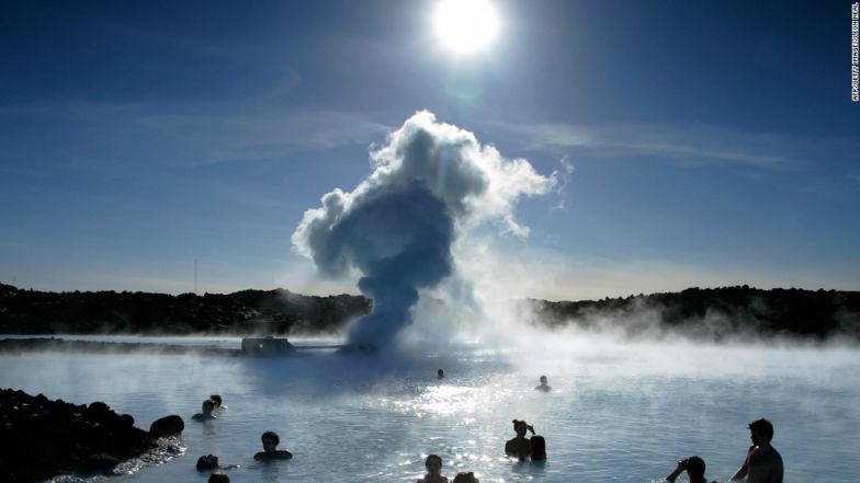 Tourists bathe in Iceland's famous Blue Lagoon just outside Reykjavik. 