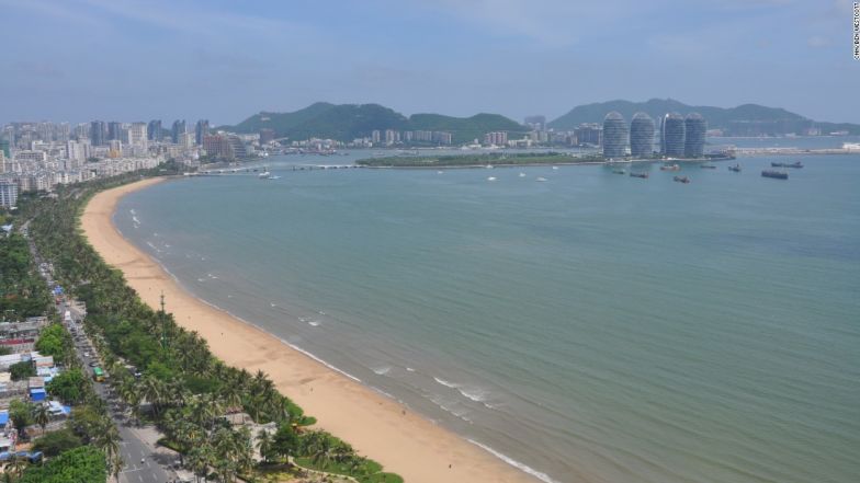A birds-eye view of the vista of Sanya Bay, taken in June, featuring the new Phoenix Island in the top right.